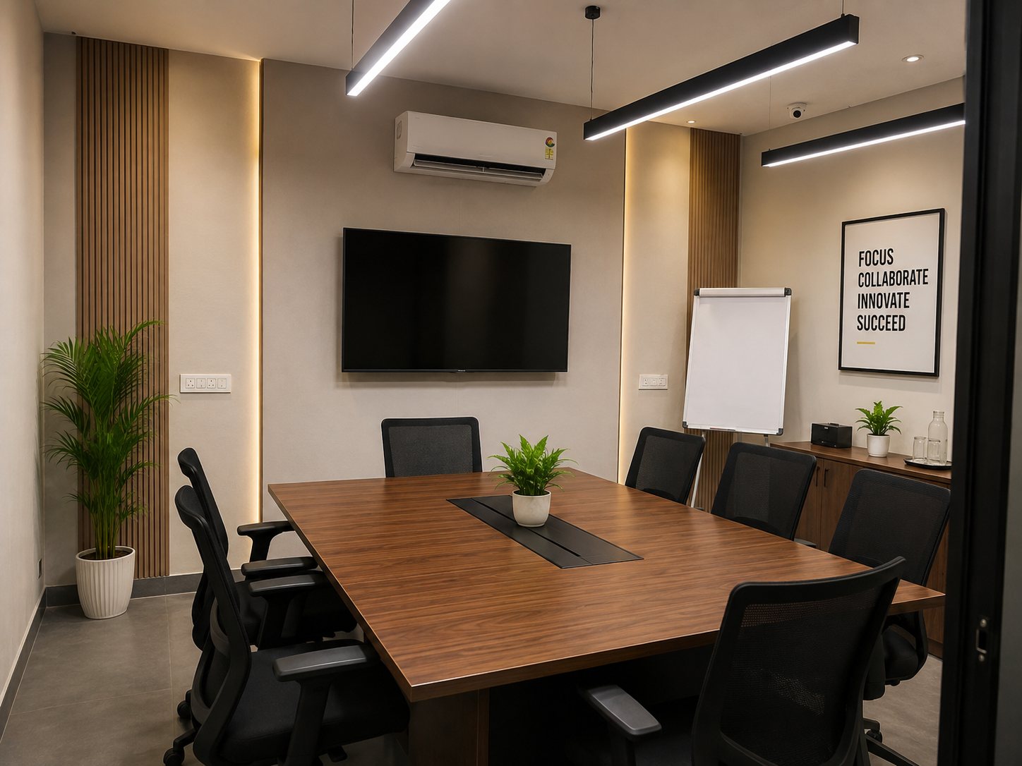 Conference room with meeting table, screen and whiteboard