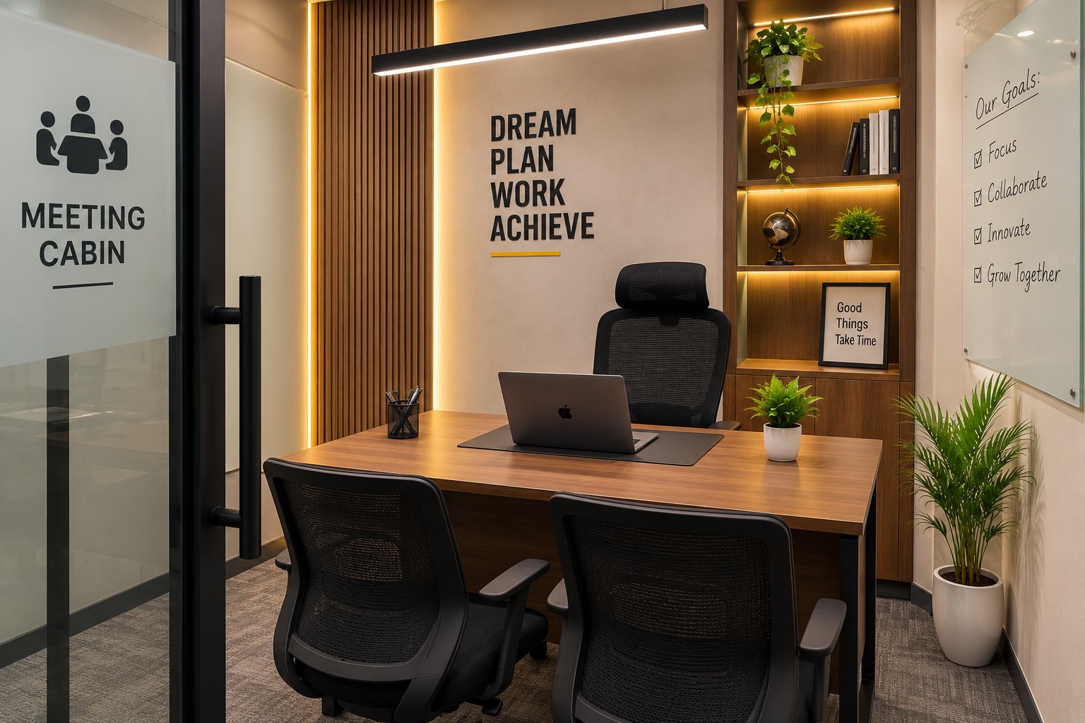 Furnished private office cabin in Rohtak with desk and visitor chairs
